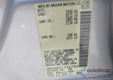 2015 Nissan Altima 2.5/2.5 S/2.5 Sl/2.5 Sv из США, поврежденный, VIN 1N4AL3AP2FC245789